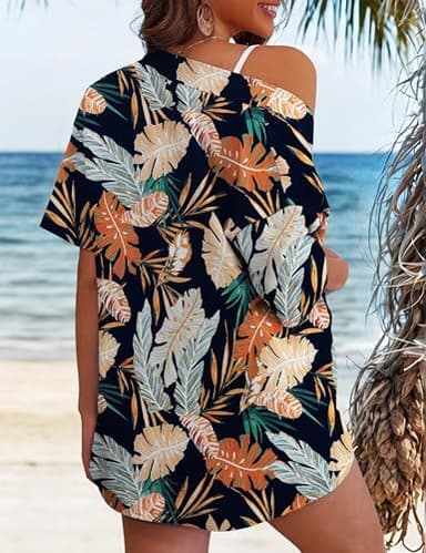 REDHOTYPE Women's 2 Piece Outfits Kimono Style Tropical Print Cover Ups Half Sleeve Blouse Shorts Set Summer Beachwear,Dark Flower 01,M - Image 4