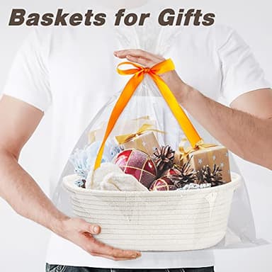 Pro Goleem Small Woven Basket with Gift Bags and Ribbons Durable Baskets for Halloween Gifts Empty Small Rope Basket for Storage 12"X 8" X 5" Baby Toy Baskets with Handles, White - Image 2