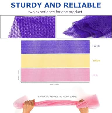 UJFQBH 3 Pieces African Bath Sponge African Net Long Net Bath Sponge Exfoliating Shower Body Scrubber Back Scrubber Skin Smoother,Great for Daily Use (Pink,Yellow,Purple) - Image 3