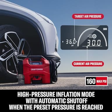 CRAFTSMAN 3-in-1 Tire Inflator, 160PSI Portable Air Compressor/Car Vacuum/Dust Blower, 20V Cordless & 12V Car Power, Air Pump with LED Light for Cars Trucks RV Tires (Battery Sold Separately) - Image 4