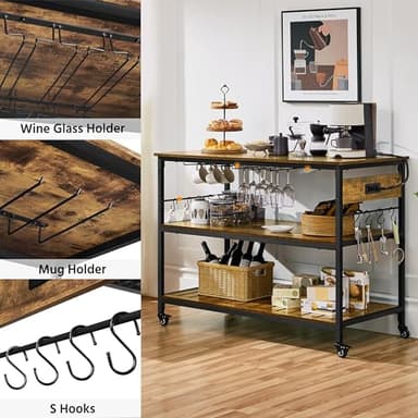 Yaheetech Kitchen Island with Power Outlet, Rolling Kitchen Cart with Wine Rack & Glass Holder & Hooks, Coffee Bar Microwave Stand Wine Rack Table for Dining Room, 47.5" W x 24" D, Rustic Brown - Image 7