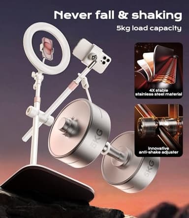 Overhead-Phone-Mount,Stable Overhead-Camera-Mount-Stand [Anti-Shaking] with 10.5" Ring Light, Flexible Desk-Stand for iPhone with Ring-Light for Video-Recording,Zoom Meeting,YouTube,TikTok, White - Image 2