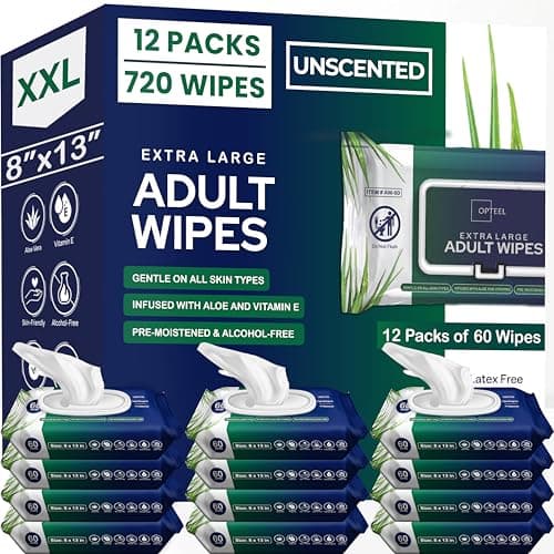 OPTEEL Adult Wipes For Elderly - 8"x13" Extra Large & Soft Wet Wipes for Adults Bathing No-Rinse - Incontinence Disposable Washcloths, Vitamin E & Aloe Infused for Men & Women 720ct (12 Packs of 60) - Image 1
