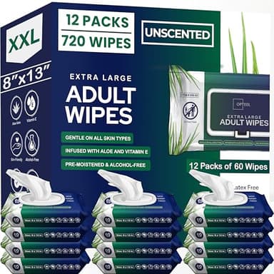 OPTEEL Adult Wipes For Elderly - 8"x13" Extra Large & Soft Wet Wipes for Adults Bathing No-Rinse - Incontinence Disposable Washcloths, Vitamin E & Aloe Infused for Men & Women 720ct (12 Packs of 60) - Image 1