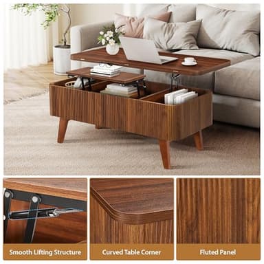 3 in 1 Lift Top Coffee Table, Fluted Convertible Coffee Tables Converts to Dining Tables, Modern Oval Wooden Center Table with Storage for Living Room Office Small Space, Partial Assembly (Walnut) - Image 6