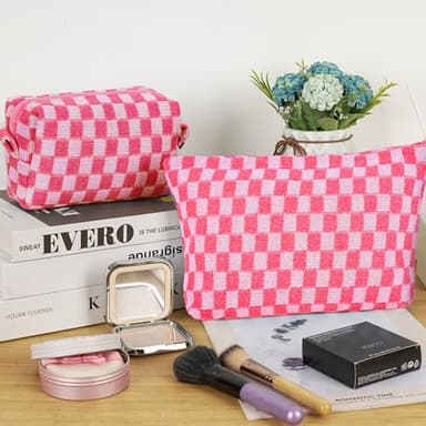 GUTGNK 2-Pack Makeup Bag For Women - Large Checkered Knitted Cosmetic Bags&Small Makeup Pouch Aesthetic Design Travel Toiletry Bag Skincare Bag Car Storage Bag With Zipper(Pink) - Image 2
