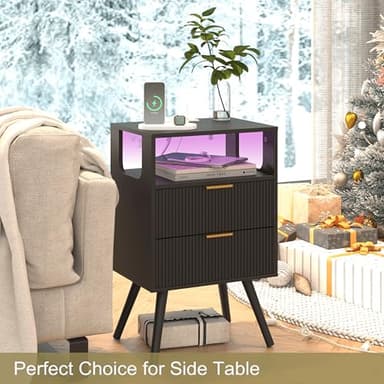 JOONEE Black Nightstand with Charging Station and LED Lights,Modern Bedside Table with 2 Storage Drawer and Open Wood Shelf, for Bedroom and Small Spaces,Night Stand with Solid Wood Legs,Black - Image 7