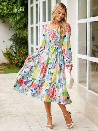 Amegoya Womens Spring Floral Long Sleeve Maxi Dress Square Neck Smocked Tiered Flowy Dress(A-Floral 3) - Image 5