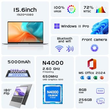 HYPERSTRIX 15.6" Laptop Computer, Window 11 Pro Laptops with 8GB RAM 256GB SSD, Celeron N4000 Processor(up to 2.6GHz) 100% sRGB Screen, Notebook,MS Office丨Dual Band WiFi丨BT 4.2丨HDMI - Image 2