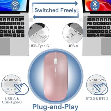 Kovess Mouse for Laptop Wireless Bluetooth - MacBook Air Mac Pro PC iPad Optical Rechargeable Silent Mouse with Jiggler Dual Mode Switch Bluetooth 5.2/3.0 and 2.4GHz USB-A and Type-C Receiver Silvery - Image 3