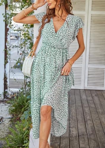 PRETTYGARDEN Women's Summer Floral Boho Dress Wrap V Neck Short Sleeve Ruffle A-Line Flowy Maxi Wedding Guest Dresses (Green_01,Large) - Image 5