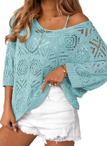 Dokotoo Womens Fashion Ladies Spring Summer Scoop Neck 3/4 Short Sleeve Crochet Top 2025 Pullover Sweaters Work Business Loose Shirts Swimsuit Coverup for Women Light Blue X-Large - Image 1
