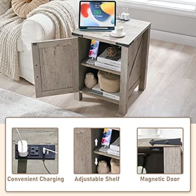 OKD Nightstand with Charging Station, 18 Inch Farmhouse End Table with Barn Door and Adjustable Storage Shelf, Rustic Wood Sofa Side Table w/Magnetic Door for Living Room, Bedroom, Light Rustic Oak - Image 3