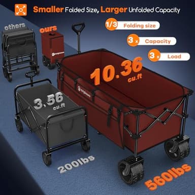 48" L Collapsible Wagon Cart Foldable, 560lbs Weight Capacity 300L Heavy Duty Folding Beach Wagons with Big All-Terrain Wheels, Utility Carts for Groceries, Shopping, Camping, Sports - Red - Image 3