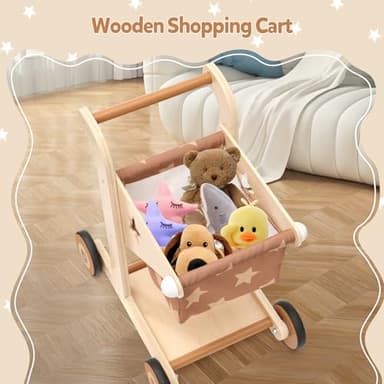 Asweets 2 in 1 Wooden Baby Walker Push and Pull Doll Stroller, Shopping Cart Learning Walker for Boys and Girls, Sit Stand Learning Toddler Toy (Brown) - Image 7