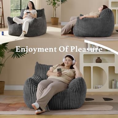Giant Plush Bean Bag Chair for Adults with Armrests - Oversized Comfy Grey Beanbag Lounge Lazy Floor Sofa Accent Chair for Living Room, Bedroom & Dorm, Cozy Fluffy Single Cloud Mini Couch - Image 5