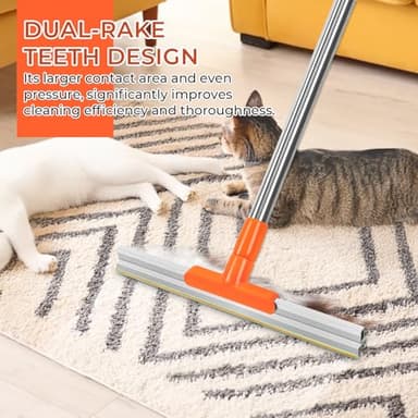 Ajimy ‌Upgrade-Carpet Rake for Pet Hair Removal 62'' Adjustable Long Handle Dog/Cat Hair Carpet Rake,Carpet Scraper for Rug Stairs Couch Furniture (Orange) - Image 2