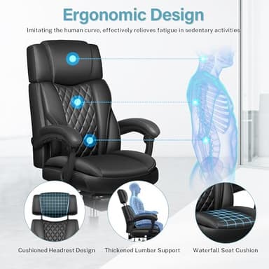 Executive Leather Office Chair, Big and Tall Office Chair with Footrest Home Office Desk Chairs, Ergonomic Computer Desk Chair with Lumbar Support, Reclining Desk Chair with Adjustable Angle - Image 4