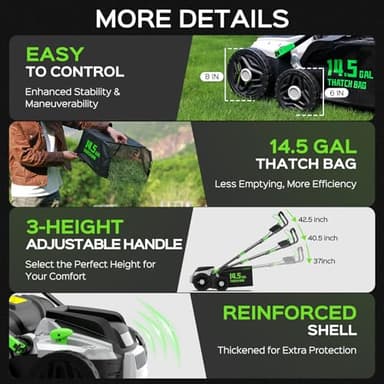 TIECTOWN 16-Inch 15.5 Amp 2-in-1 Electric Dethatcher and Scarifier with 14.5-Gallon Removable Thatch Collection Bag, Lawn Dethatcher with 5-Position Depth Adjustment, Quick-Fold, Keeps Lawn Healthy - Image 7
