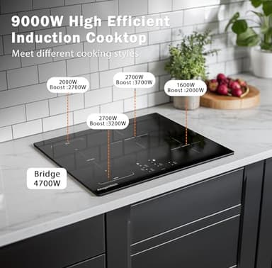 30 Inch Induction Cooktop - 4 Burner Built-In Electric Stove with Bridge-SYNC, Booster, Timer & Child Lock | 9000W 220-240V Hardwired, Black Glass Top - Image 3