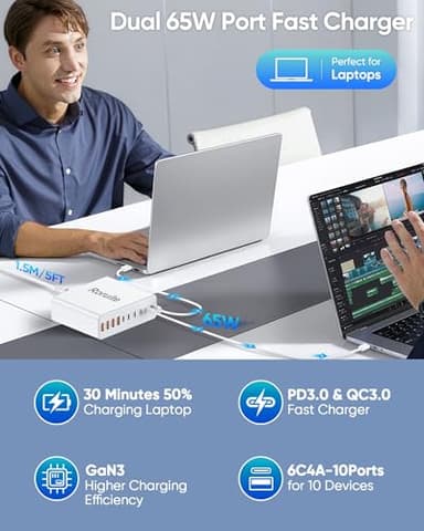 460W USB C Charger Block, 10-Port USB Charging Station GaN III PD Charger Type C & USB A, Dual 65W PC Laptop Fast Adapter for MacBook Pro/Air, iPhone, iPad, DELL, Samsung Galaxy, Android - White - Image 5