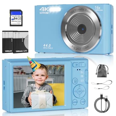 Digital Camera, FHD 4K Digital Camera with 64GB SD Card, 44MP Digital Point and Shoot Camera, 16X Digital Zoom, Anti Shake, 3-LED Fill Lights, Compact Camera for Kids Teen Boys Girls, Blue - Image 1