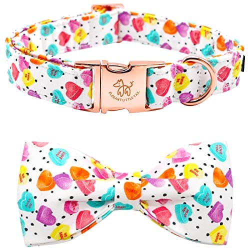 Elegant Little Tail Mother's Day Heart Dog Collar with Bow, Cute Pink Heart Pattern, Adjustable Dog Collar for Small Dogs, Cotton Material, Unique Bow Design, Versatile for Different Occasions - Image 1