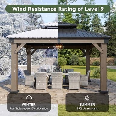 Aoxun 10' x 12' Outdoor Wood Gazebo, Hardtop Gazebo Permanent Wooden Pavilion with Galvanized Steel Double Roof, for Patio, Garden, Deck, Cedar Wood - Image 5