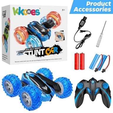 KKONES Remote Control Car, 2.4GHz Double Sided 360° Flips Rotating Electric Race RC Stunt Car, LED Wheel & Headlight High Speed Off Road Cars Toy Gift for 3 4 5 6 7 8-12 Year Old Boy Toys (Blue) - Image 4