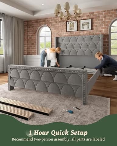 OHOHOLIVE King Size Bed Frame with 56" Headboard - 1000LBS Capacity Support, Velvet Upholstered Wingback Platform Bed Frame, Noise Free, Sturdy Wooden Slat Support - Image 6