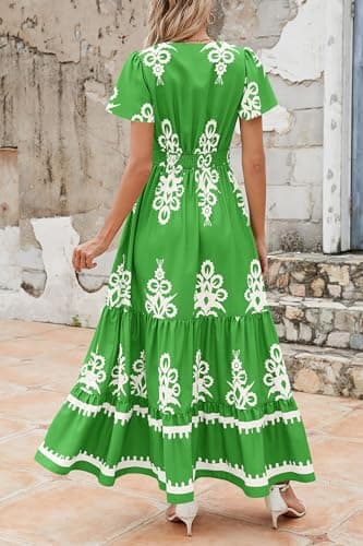 PRETTYGARDEN Womens 2025 Summer Casual V Neck Boho Maxi Dress Flowy Aline Bell Sleeve Tiered Floral Dresses with Pocket (Floral Green White,Small) - Image 2