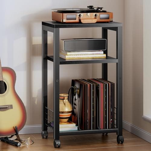 Kalrin Small Side Table, 3 Tier Moveable Small End Table, Record Player Stand with Records Shelf, Tall Nightstand for Bedroom, Living Room, Sofa, Office, Bathroom (Pure Black) - Image 1