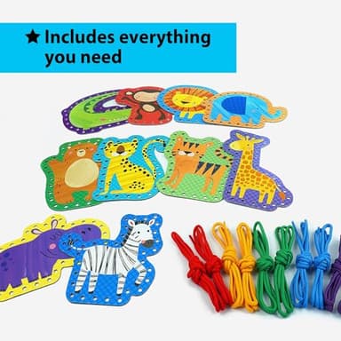 KRAFUN Safari Animal Preschool Arts & Crafts Lacing Kit, 10 Easy Lacing Cards for Toddlers Fine Motor Skills - Image 2