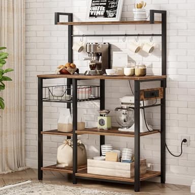 HOOBRO Bakers Rack with Power Outlet, 35.4 Inches Coffee Bar with Mesh Basket, Microwave Stand with 4 S-Shaped Hooks, Kitchen Bakers Rack with Storage, Easy to Assemble, Rustic Brown BF05HB01 - Image 2