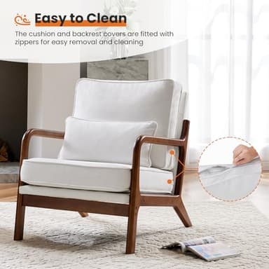 Sweetcrispy Accent Mid Century Modern Chairs with Pillow Set of 2, Upholstered Lounge Armchair, Linen Fabric Comfy Reading Chair with Wood Frame for Living Room, Bedroom, White - Image 5