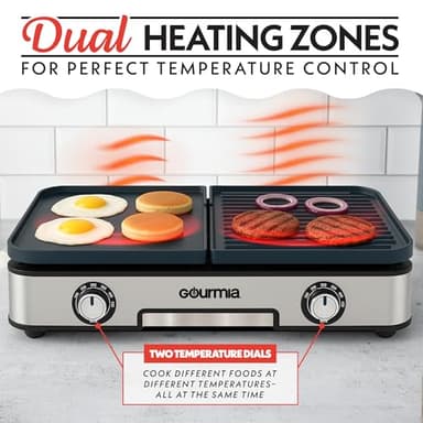 Gourmia 3-in-1 Indoor Grill/Griddle Electric Combo - 250-400°F Adjustable Dual Cooking Zones with Removable Nonstick Reversible Ceramic Plates - Non Toxic Dishwasher Safe Countertop Kitchen Appliances - Image 2