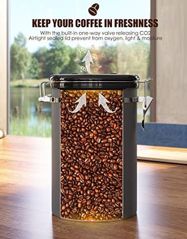 HAIOOU Airtight Coffee Canister, 22OZ Large Stainless Steel Coffee Bean Storage Container with Date Tracker, Measuring Scoop, CO2 Releasing Valves and Mini Tongs for Beans, Grounds and more - Gray - Image 4