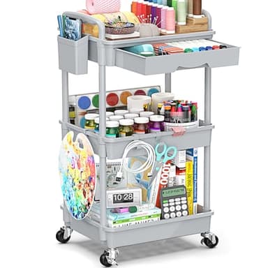 SUNALLY 3 Tier Rolling Cart with Drawer, Bathroom Storage Organizer with 2 Lockable Wheels, Multifunctional Rolling Storage Cart for Bathroom, Kitchen, Office, Craft, Makeup, Baby Essentials, Gray - Image 1