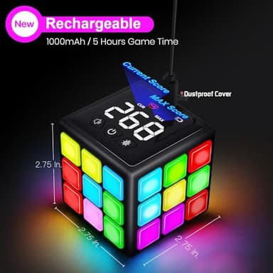 Xinbeiya Rechargeable Game Handheld Cube - 15 Fun Brain & Memory Game with Score Screen - Christmas Easter Birthday Gifts for Boys Girls Ages 6-12+ Years Old - Toy Gift Idea for Kids Teens (Black) - Image 7