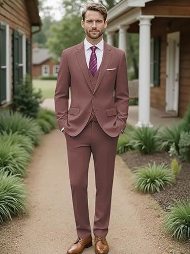 WEEN CHARM Suits for Men,3 Piece Slim Fit Suit Set with 2-Button Blazer,Vest,Pants,Tuxedo for Wedding,Prom,Party,Business Dusty Pink - Image 4