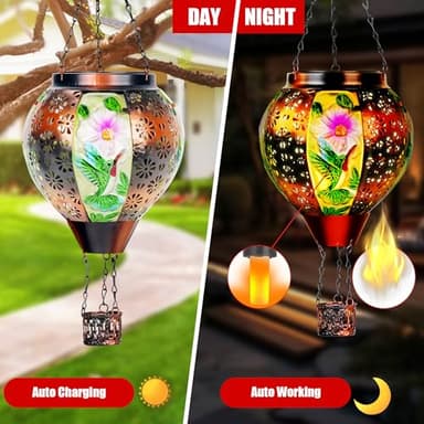 2 Pcs Hummingbird Solar Hot Air Balloon Lantern with Flame, Hot Air Balloon Decorations for Yard Porch Decor, Glass Large Hanging Outdoor Decor, Solar Lantern Waterproof, Hummingbird Gardening Gifts - Image 2