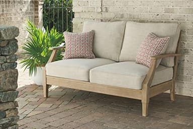 Signature Design by Ashley Clare View Coastal Outdoor Patio Eucalyptus Loveseat with Cushions, Beige - Image 2