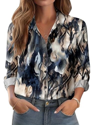 Zeagoo Button Down Shirts for Women Dressy Casual Blue Grey Print Long Sleeve Blouses Spring Work Tops Fashion Outfit - Image 1