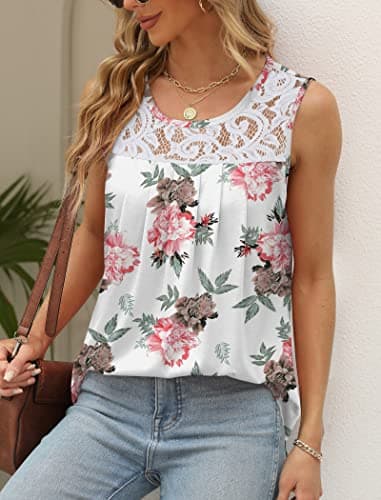 Summer Tops for Women Casual Elegant Sleeveless Blouses Womens Tank Tops Floral White S - Image 2