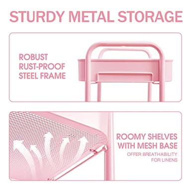 TOOLF 3-Tier Metal Rolling Cart with Wheels, Storage Utility Organizer Cart for Kitchen, Bathroom, Office, Baby Essentials & Makeup - Lockable Casters, Easy Assembly, Large Capacity, Pink - Image 2
