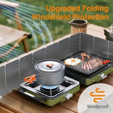 ODSD 2 Burner Camping Stove with Windshield, 20000 BTU Propane Camp Stove, Portable Folding Gas Stove, Camping Essentials Gears Includes Frying Pan, Coffee Stand & Carry Bag, Green - Image 2