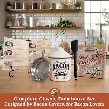 Bacon Grease Container with Strainer - With Food-Grade Silicone Spatula, 24oz Enamel Rustic Farmhouse Fat Container, Keeper, Recipes, Dishwasher Safe - Image 7