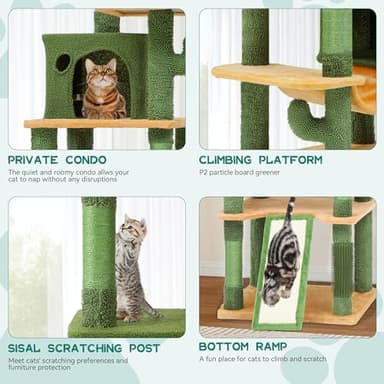 YITAHOME 76in Tall Cactus Cat Tree Tower with Self-Grooming Brush, Cute Cat Climbing Tower for Indoor Cats with Cat Condo, Plush Platform, Hammock, Sisal Scratching Posts, Dangling Ball - Image 6