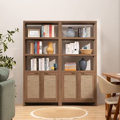 SICOTAS Bookshelf 5 Tier Book Shelf Rattan Boho 71" Tall Bookcase with Doors Storage Shelves Large Bookshelves Farmhouse Bookcases Library Book Case for Living Room Bedroom Home Office Kitchen - Image 2
