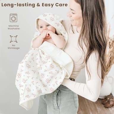 Konssy 2-Pack Muslin Hooded Baby Towels, 100% Cotton, Ultra-Soft & Absorbent Baby Bath Towels with Hood for Newborn & Infant (Taupe,Soft Blooms,32" x 32") - Image 7
